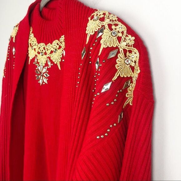 FOCUS USA | Vintage Sweater Set Red Gold Embellished Sleeveless Top & Cardigan - Picture 2 of 12